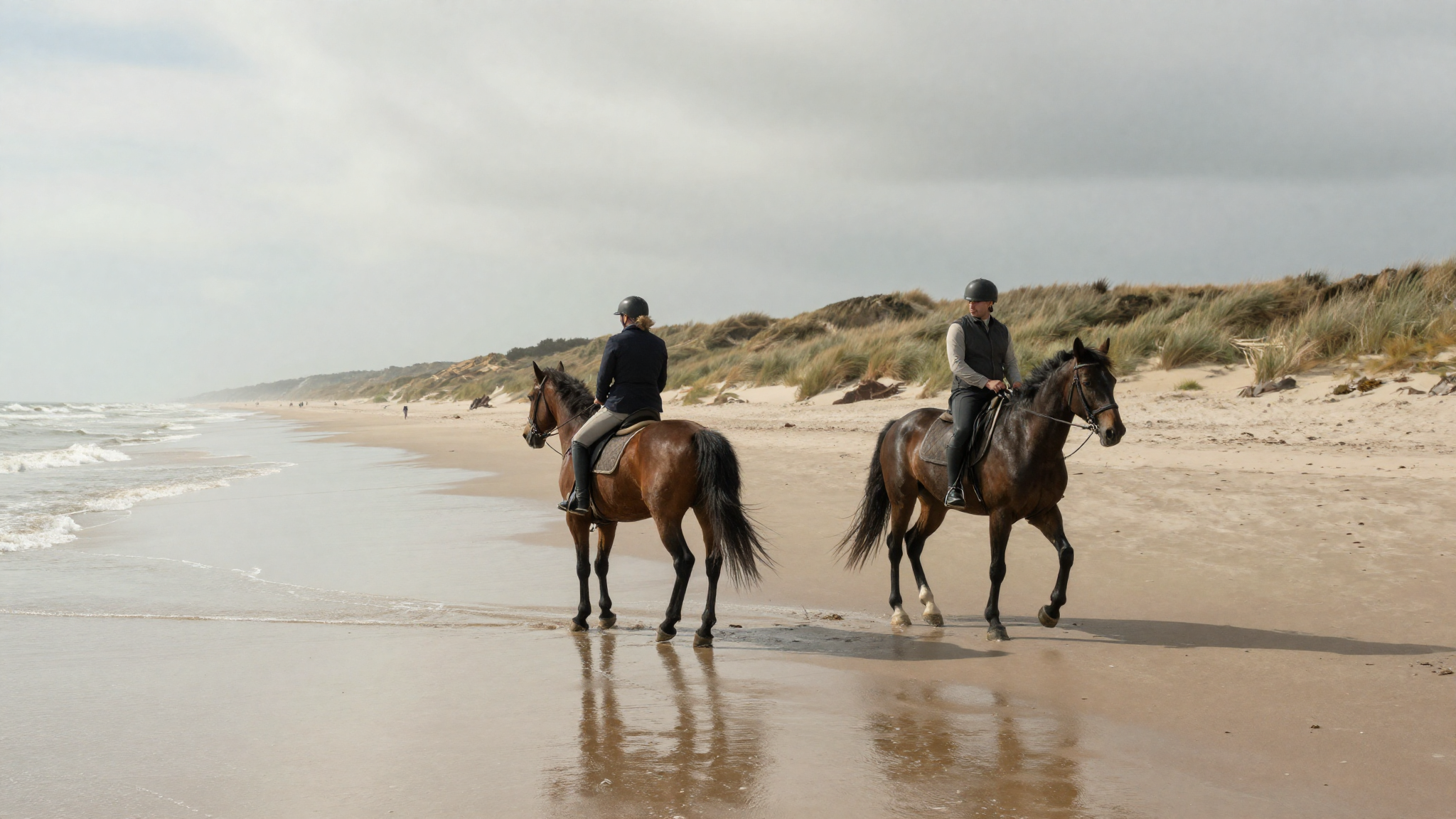 Twee ruiters te paard op een breed Nederlands Noordzeestrand